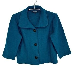 EVAN-PICONE 100% WOOL 3-BUTTON COLLARED TEAL CARDIGAN BLAZER, 3/4 SLEEVE, PL